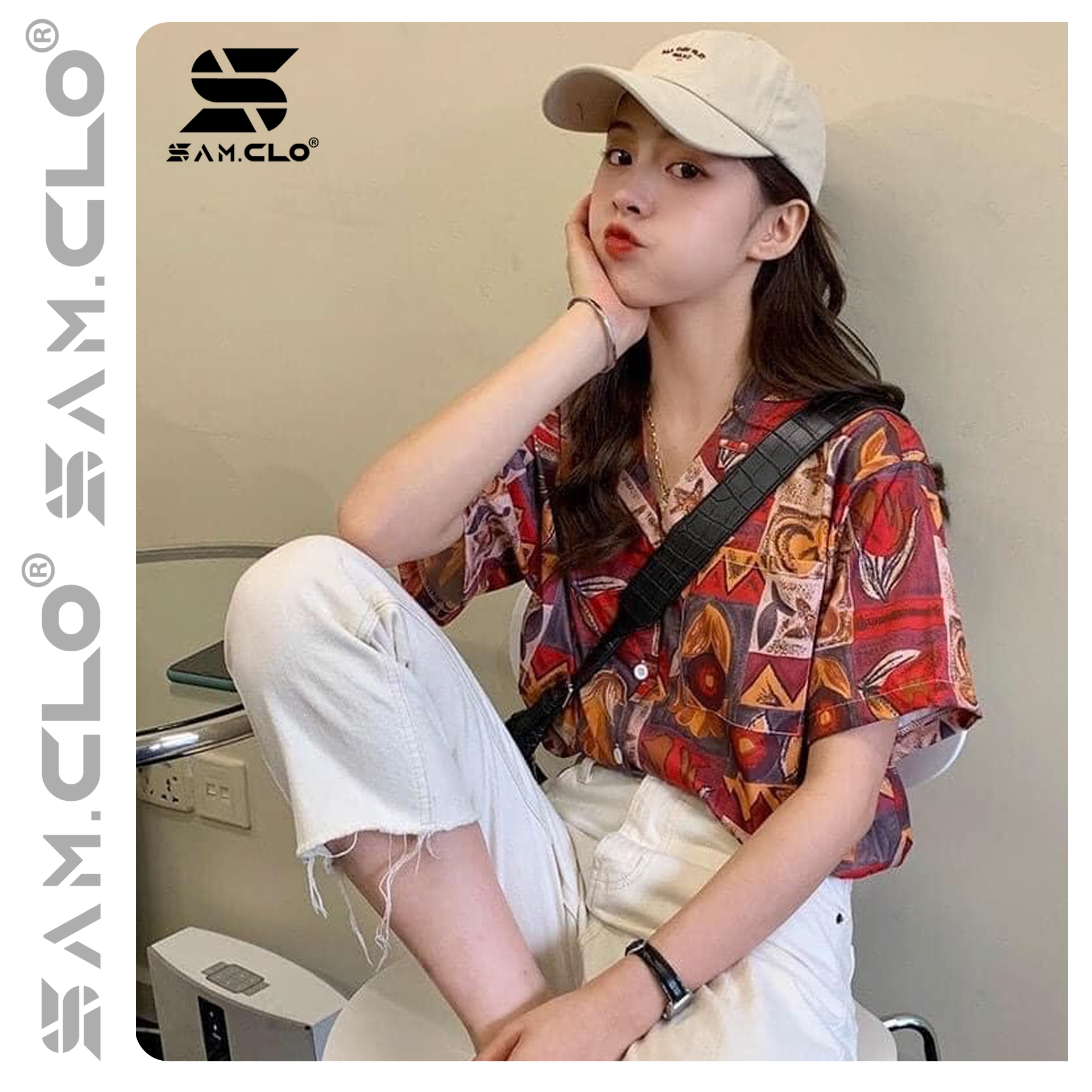 Áo SƠ MI NỮ form rộng in 3D cổ bẻ tay ngắn - lỡ dáng ulzzang freesize unisex mặc cặp, nhóm, HÌNH HOA VĂN đỏ cam