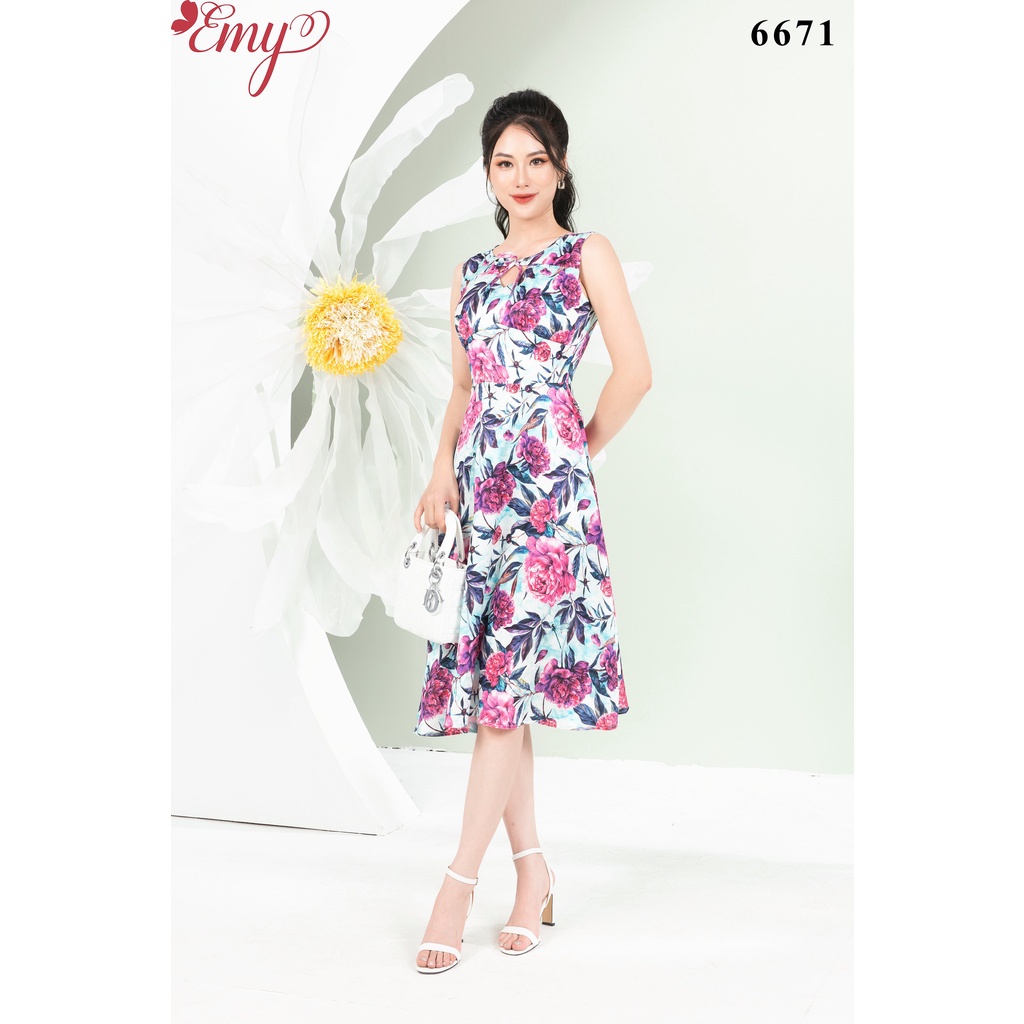 Đầm emy em6671 xoè sát nách hoạ tiết hoa to