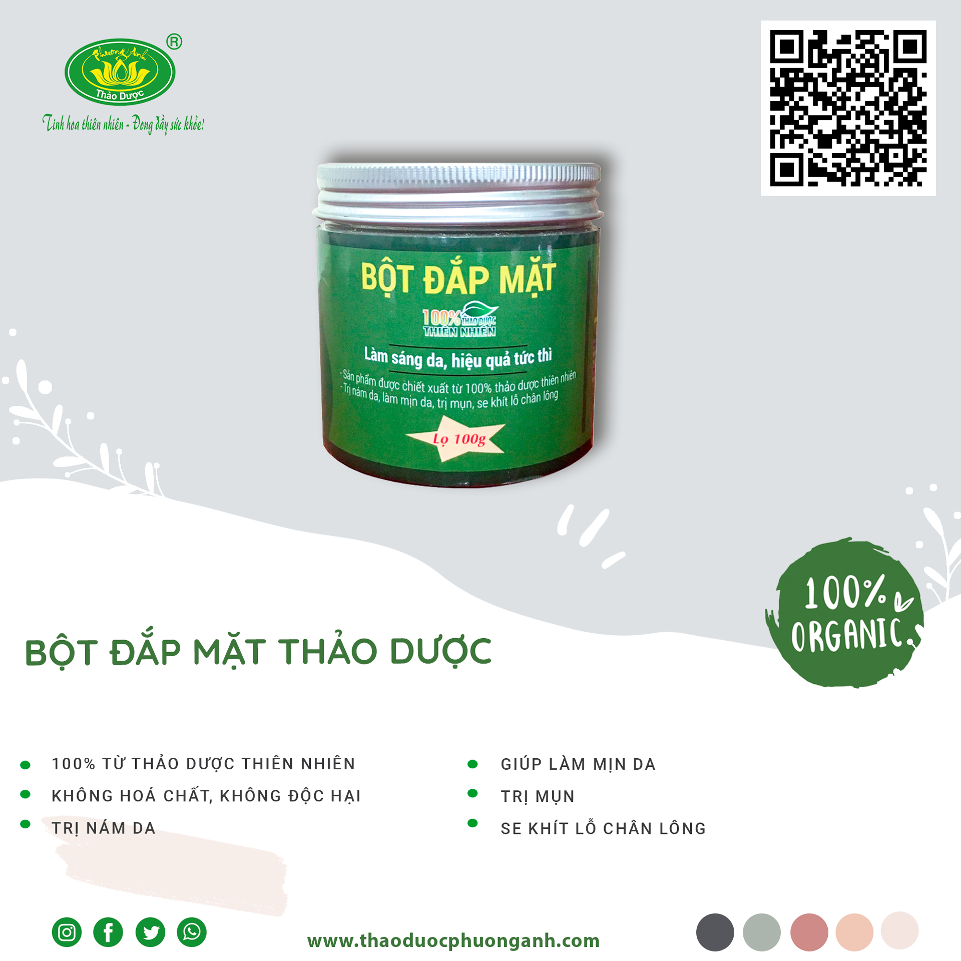 Bột Đắp Mặt Thảo Dược Trị Nám làm sáng da sạch mụn, se khít lỗ chân lông Thảo Dược Phương Anh
