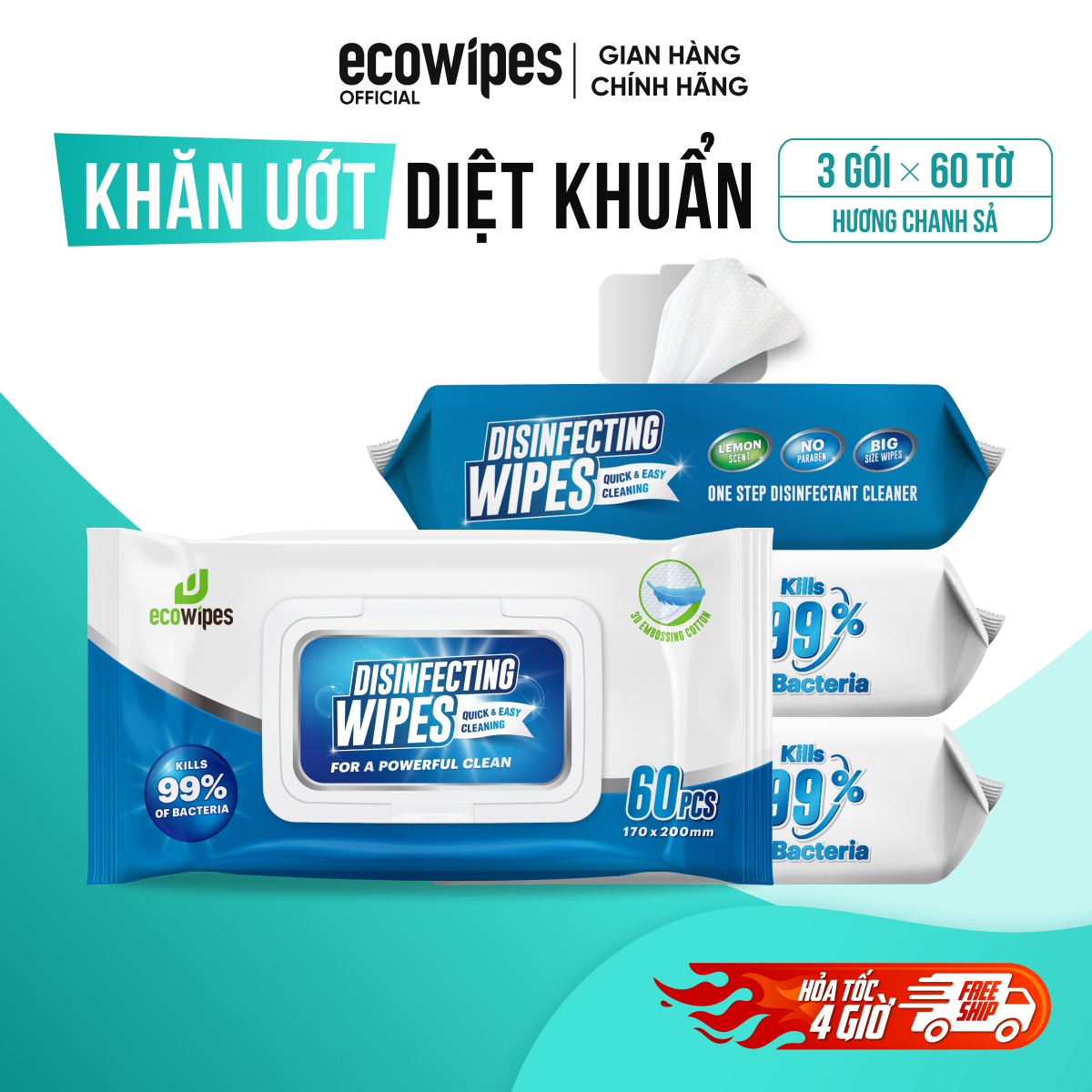 Combo 03 gói khăn ướt diệt khuẩn EcoWipes có cồn diệt 99,9% vi khuẩn có hại trên nhiều bề mặt, dễ dàng vệ sinh lau chùi