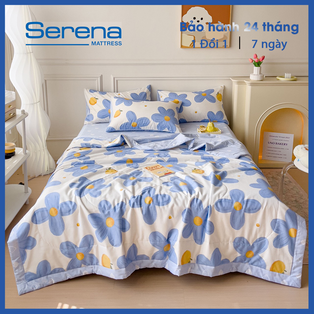 Bộ ga giường 5 món cotton living SERENA chính hãng bộ combo vỏ chăn ga grap drap ra gối nệm đệm trải bọc giường đẹp 5 món cotton living chần bông mát lạnh dễ thương cao cấp full - hệ thống nệm
