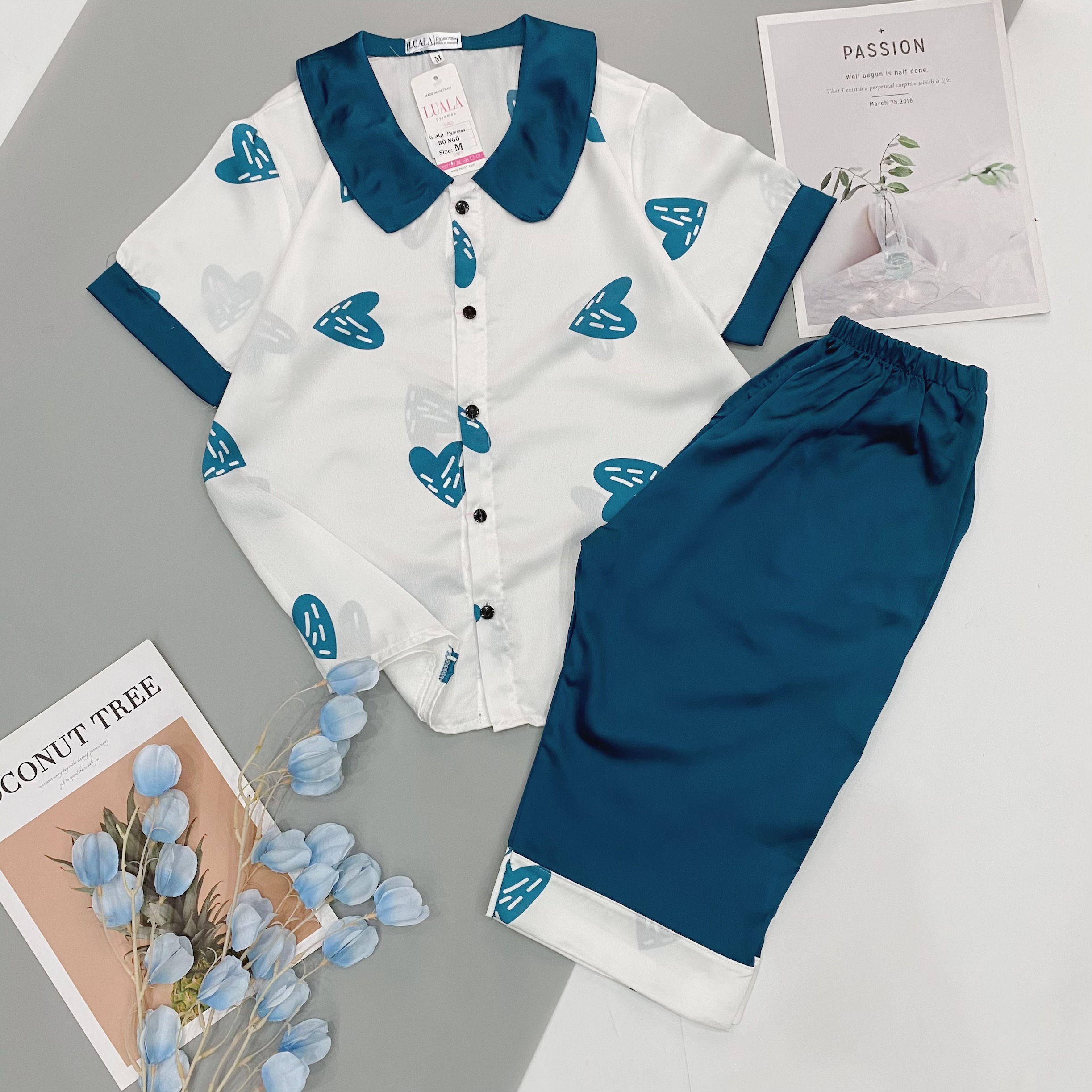Bộ pijama lụa satin - bộ mặc nhà cộc lửng - mẫu xanh tim inlove