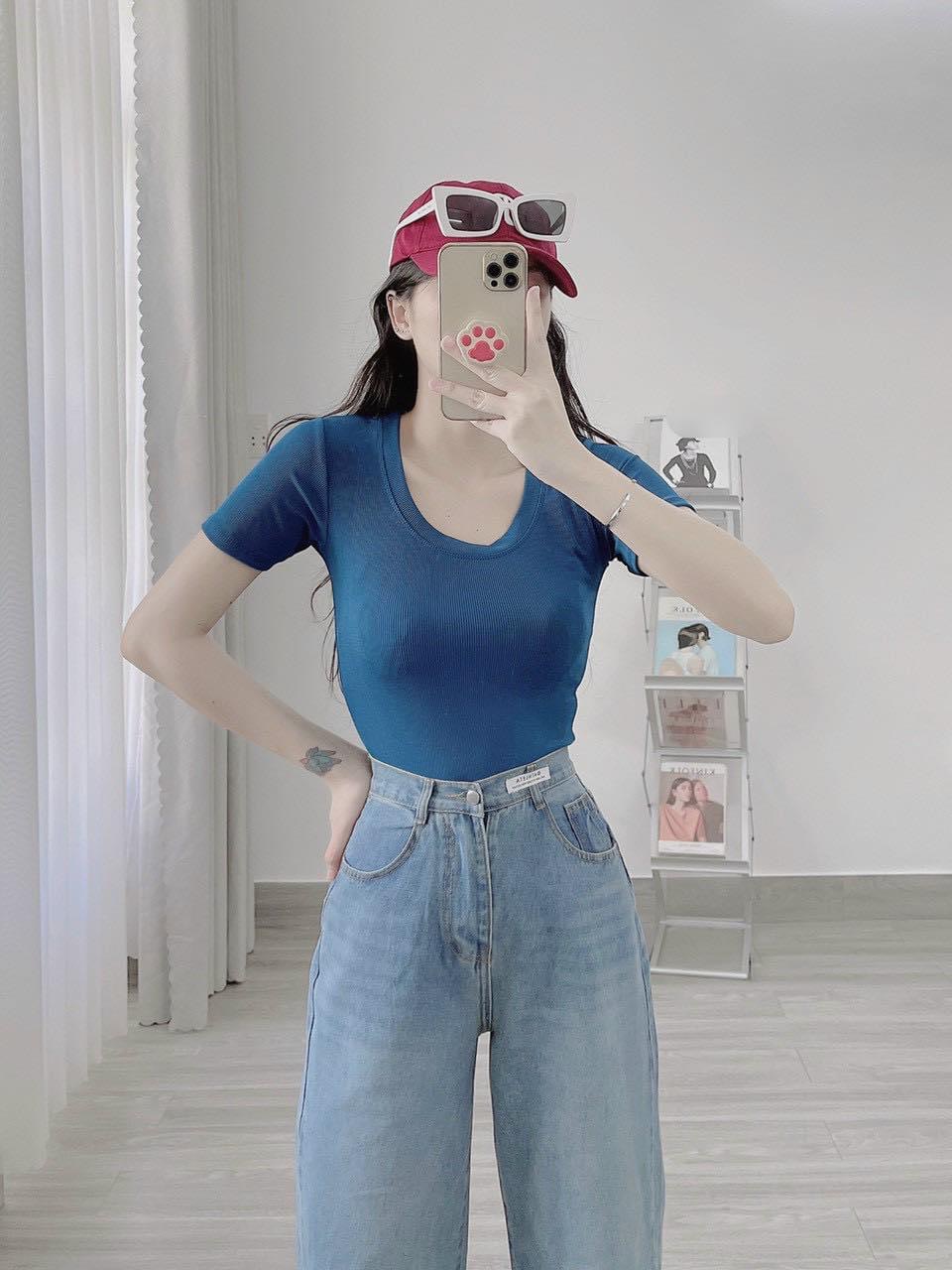 Áo Thun Nữ, Áo Kiểu Nữ Cổ Chữ U, Tay Ngắn, Vải Gân THÁI Co Giãn Tốt, Ôm Body Mẫu mới mềm mịn mát, phối đồ siêu xinh, đi cafe, đi chơi đều xinh