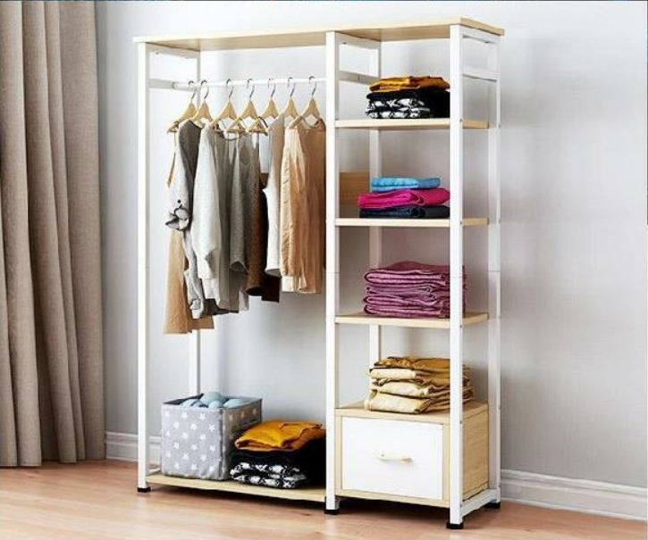 Tủ quần áo, khung kim loại chắc chắn, kích thước 90x30x140cm, mặt gỗ MDF sáng bóng, Khung treo quần áo 2 buồng, phong cách Hàn Quốc, có ngăn để đồ