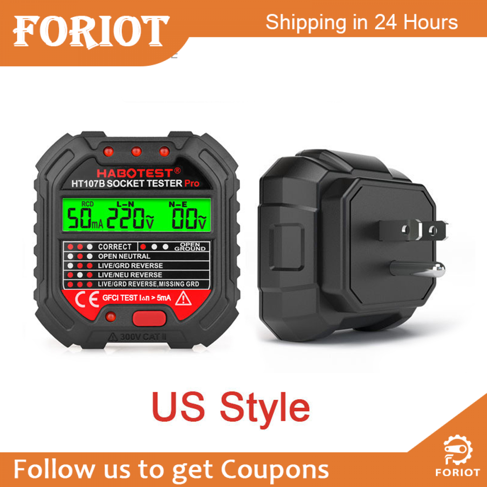 Foriot máy kiểm tra ổ cắm ht107 máy dò ổ cắm điện với màn hình lcd kỹ thuật số máy kiểm tra ổ cắm máy dò điện áp phân cực mạch