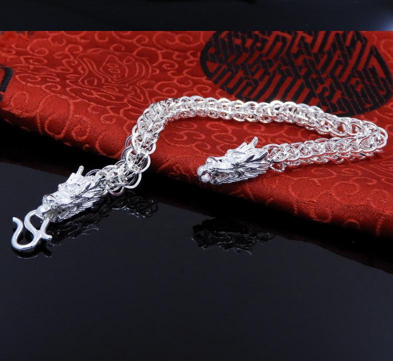 Lắc Tay Nam bạc 999 Đầu Rồng Song Long Hộ Thể Phong Thủy - LT2DR002