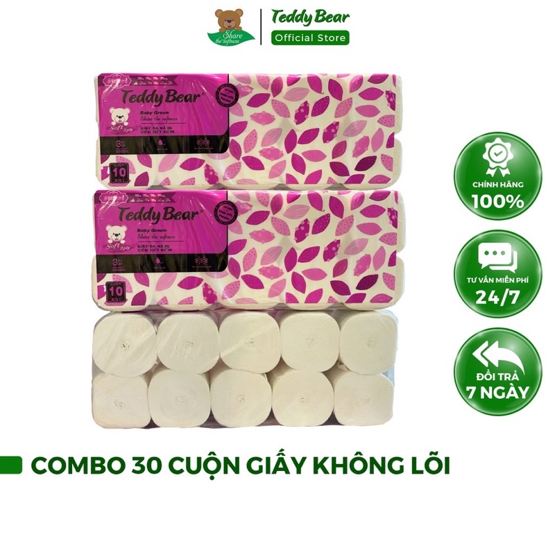 Combo 30 CUỘN GIẤY KHÔNG LÕI TEDDY BEAR ECOGREEN Tiết Kiệm