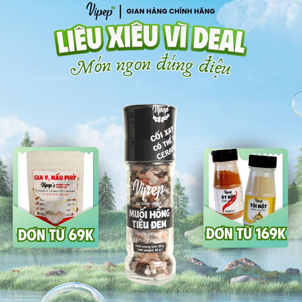 Muối hồng himalaya tiêu đen tự nhiên cối xay vipep hũ thủy tinh 90g - gia vị vipep