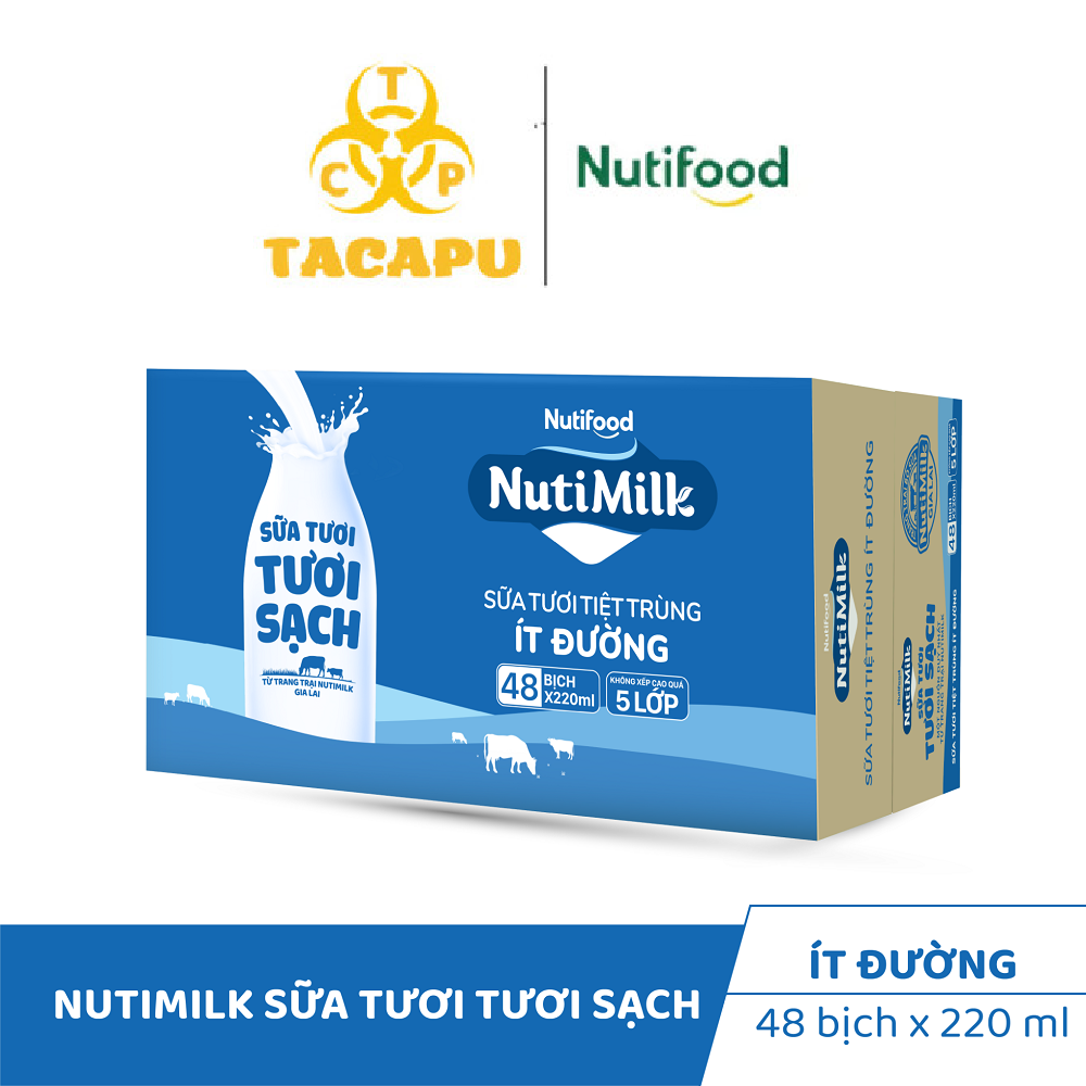 Thùng 48 bịch nutimilk sữa tươi tươi sạch ít đường - sữa tươi tiệt trùng ít đường bịch 220ml tu.stidb220az - thương hiệu nutifood - tacapu