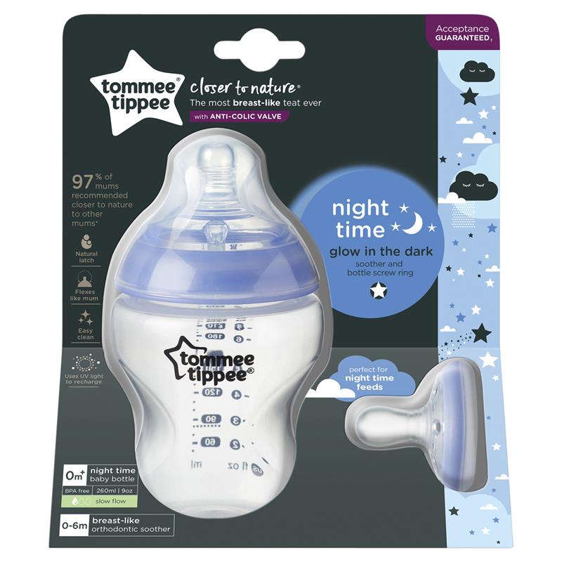 Tommee Tippee Closer to Nature Glow Bottle & Breast Like Soother Night Time 260ml