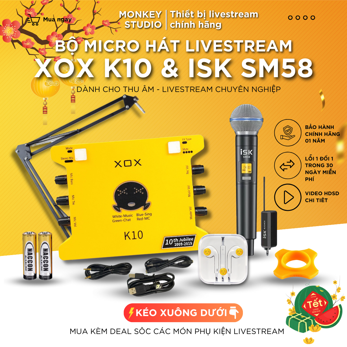 Mic thu âm | micro livestream sound card xox k10 2020 & mic isk sm58 hát livestream điện thoại máy tính, monkey studio