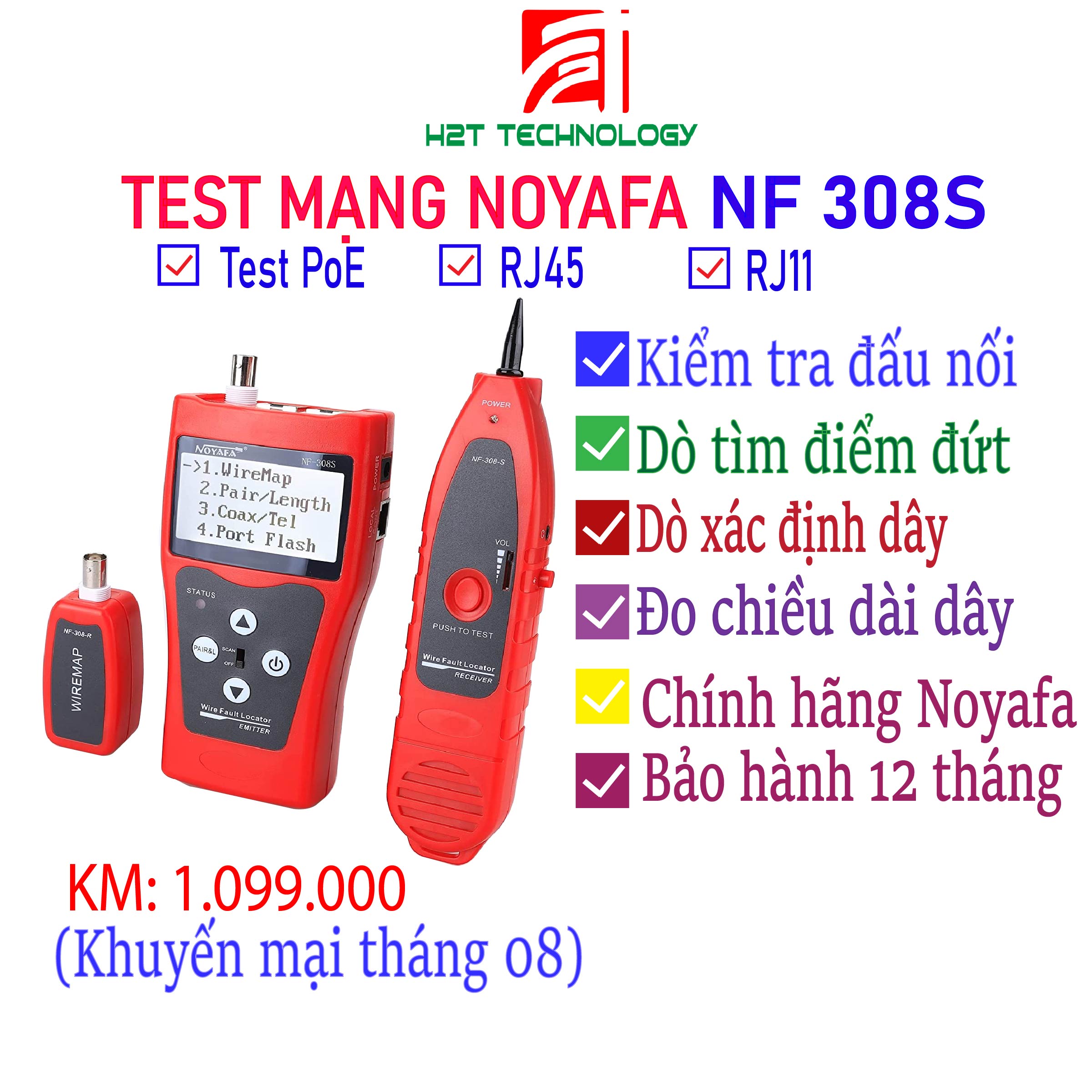 Test mạng noyafa nf-308s, kiểm tra đấu nối cáp rj11/rj45 , đo độ dài cáp, dò tìm điểm đứt, test poe