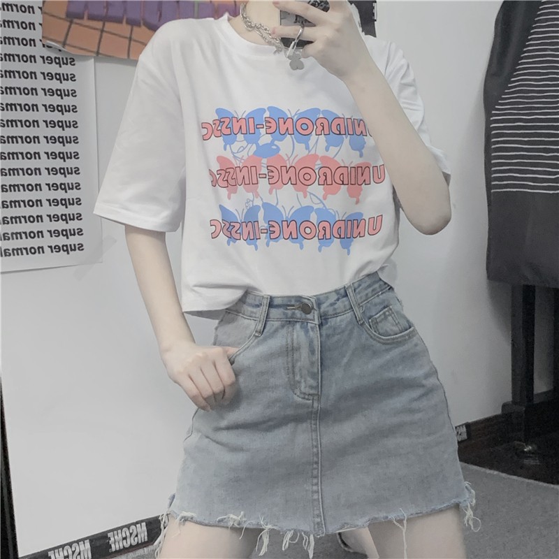 [FLASH SALE]  Áo Thun Croptop Form Rộng In Hình Bướm Cá Tính Kiểu Hàn Quốc TTT0019