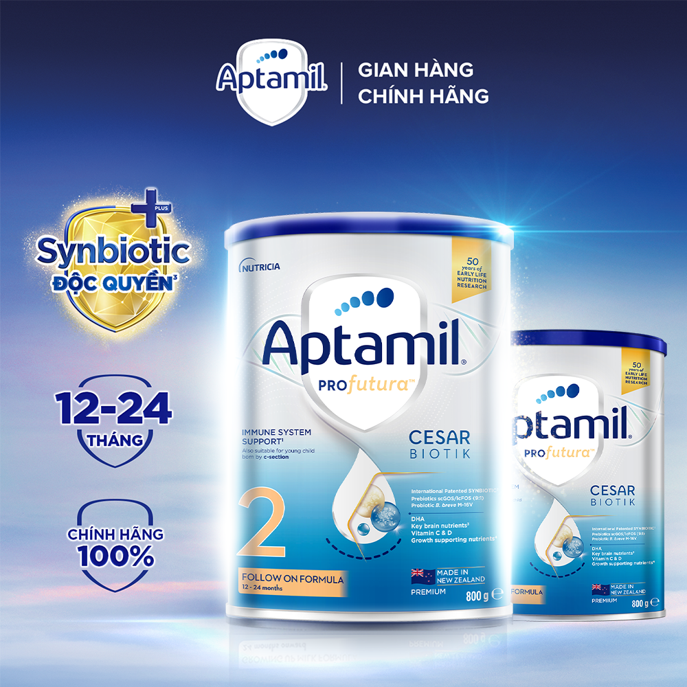 Combo 2 Sữa bột Aptamil New Zealand hộp thiếc số 2 (800g/lon) cho bé 12-24 tháng tuổi