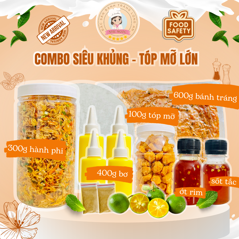 Bánh tráng phơi sương - combo thần thánh - đồ ăn vặt như ngọc - gồm 300g bt phơi sương + 300g bt dẻo tôm + 400g bơ béo + 300g tôm hành phi loại 1 + 150g sốt me + tặng 2 bịch muối tôm nhuyễn tây ninh 50g - thơm ngon
