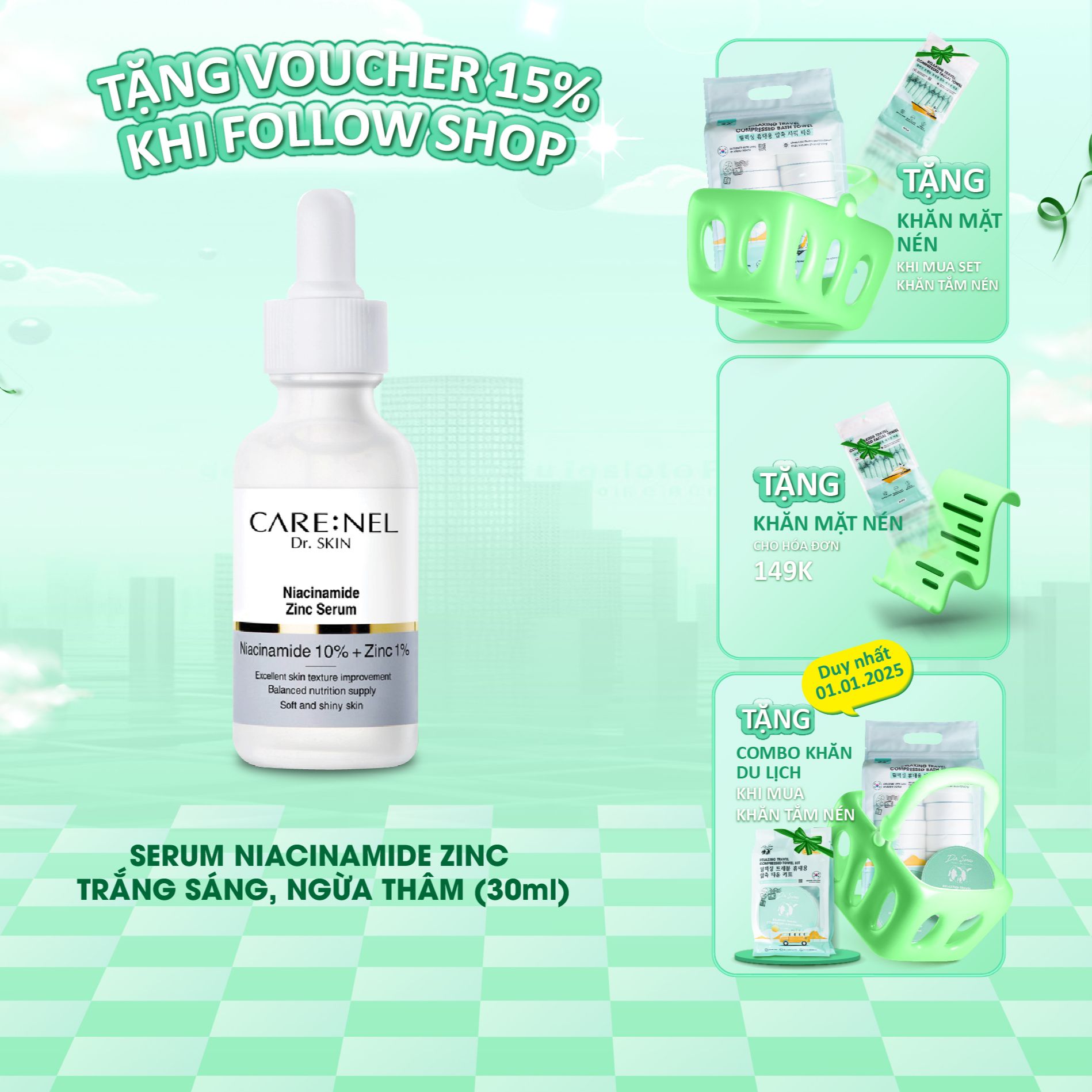 Serum Niacinamide 10% kẽm centella dưỡng ẩm mờ thâm nám giảm mụn CARE:NEL NIACINAMIDE 10% ZINC PCA 1% 30ml