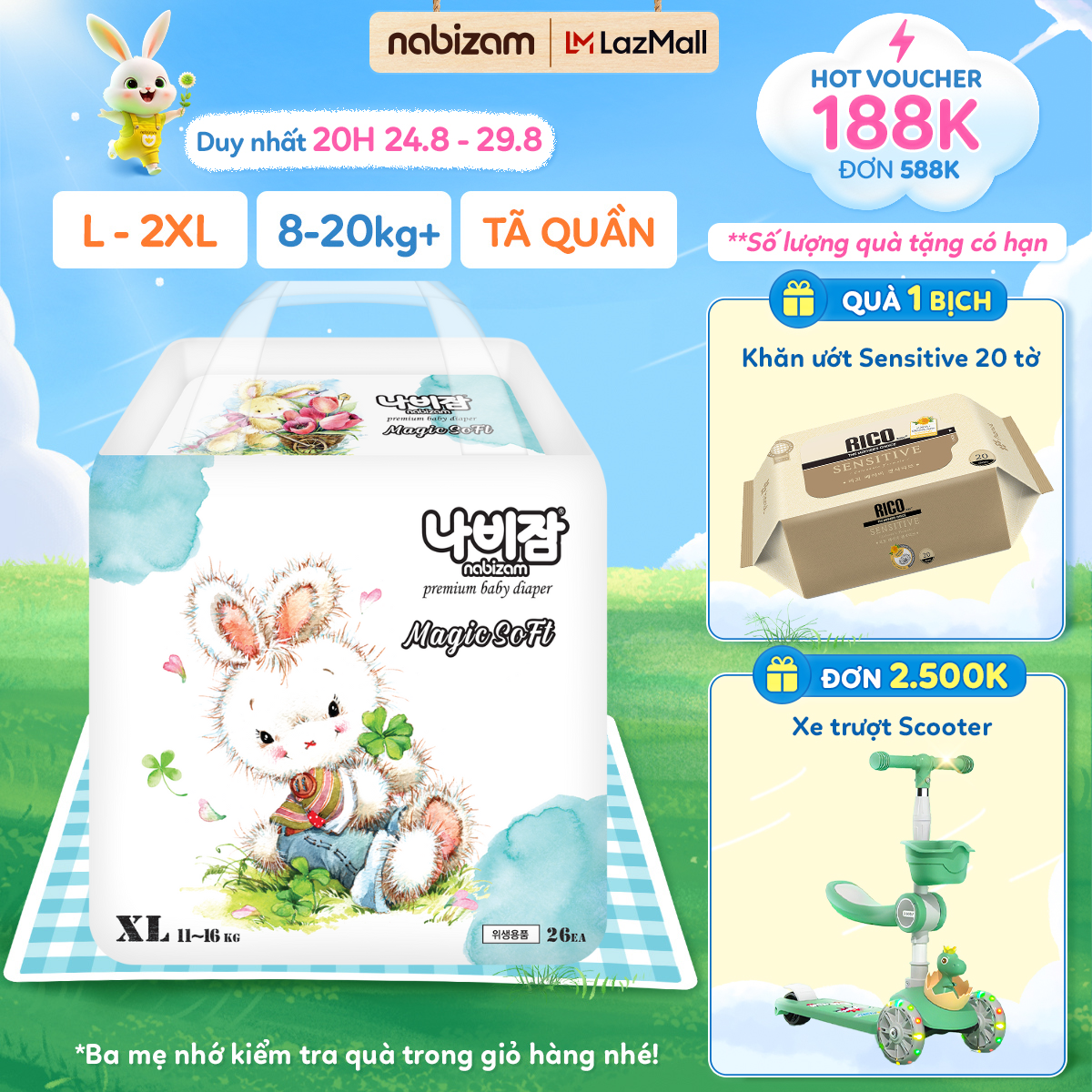 Tã/bỉm quần nabizam magic soft co dãn mềm mại, thấm hút chống tràn tối đa size l30/xl26/xxl22 cho bé 8-20kg