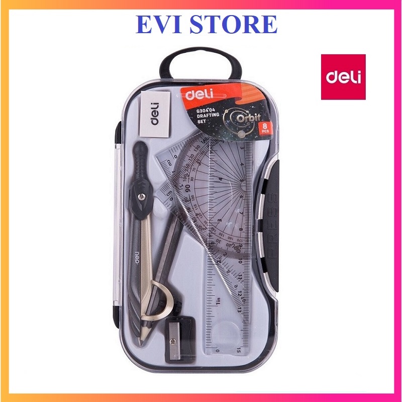 Bộ compa 7 món Deli 30404 / Bộ Eke compa chì gỗ Deli E30404