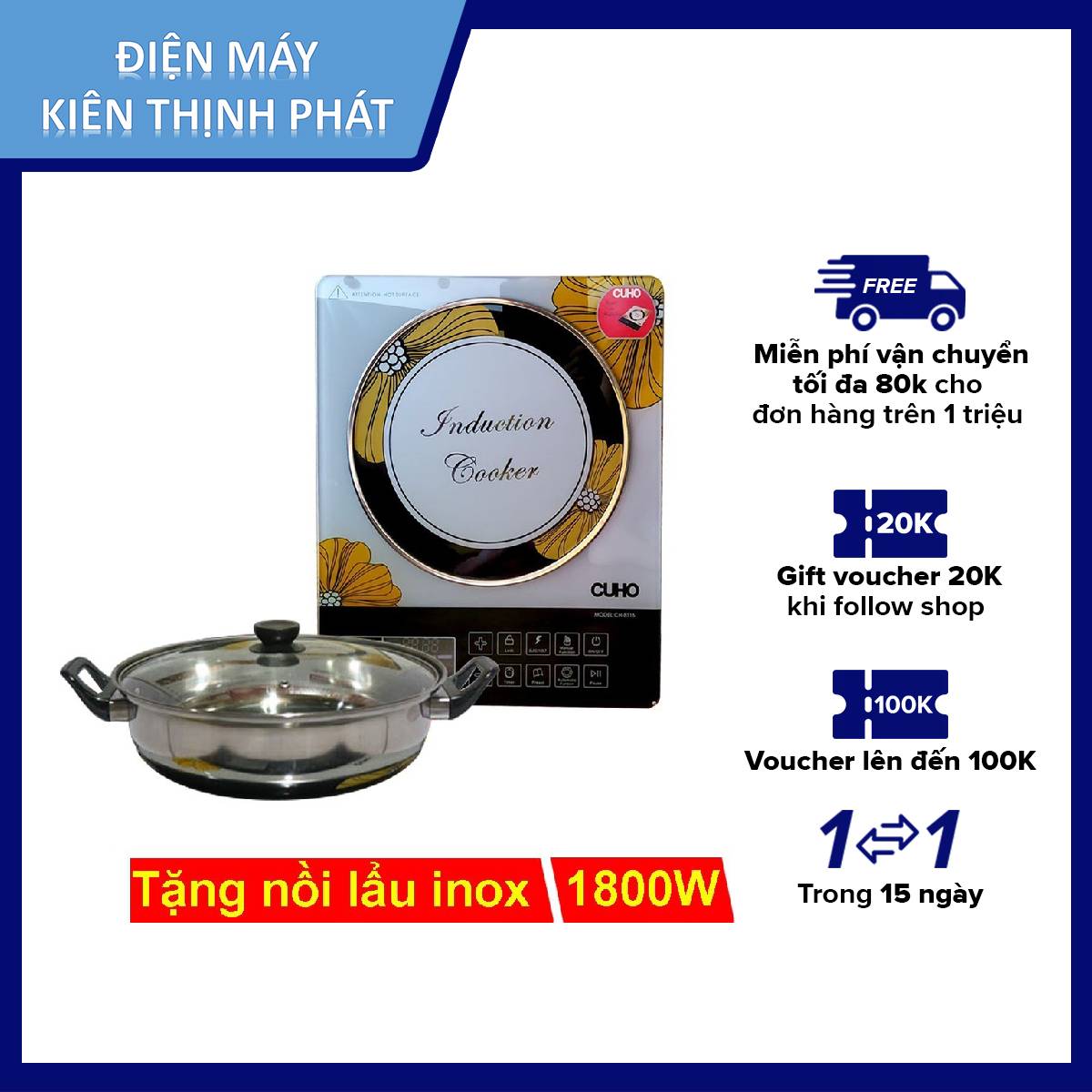 Bếp điện từ 1800W Cuho CH-BT16 mặt kính cường lực có phím cảm ứng tặng nồi lẩu