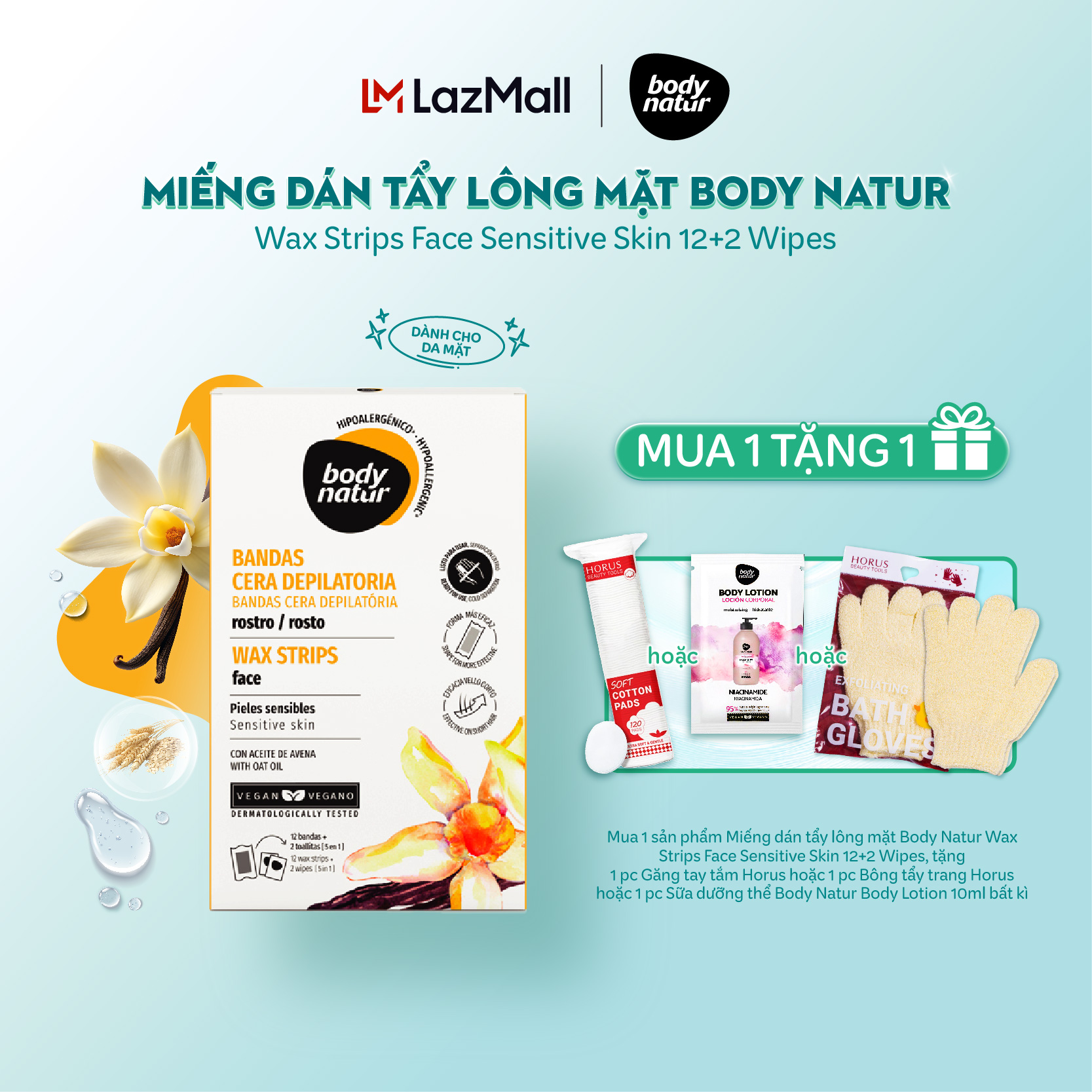 Bộ miếng dán tẩy lông mặt Body Natur Wax Strips Face Sensitive Skin 12+2 Wipes