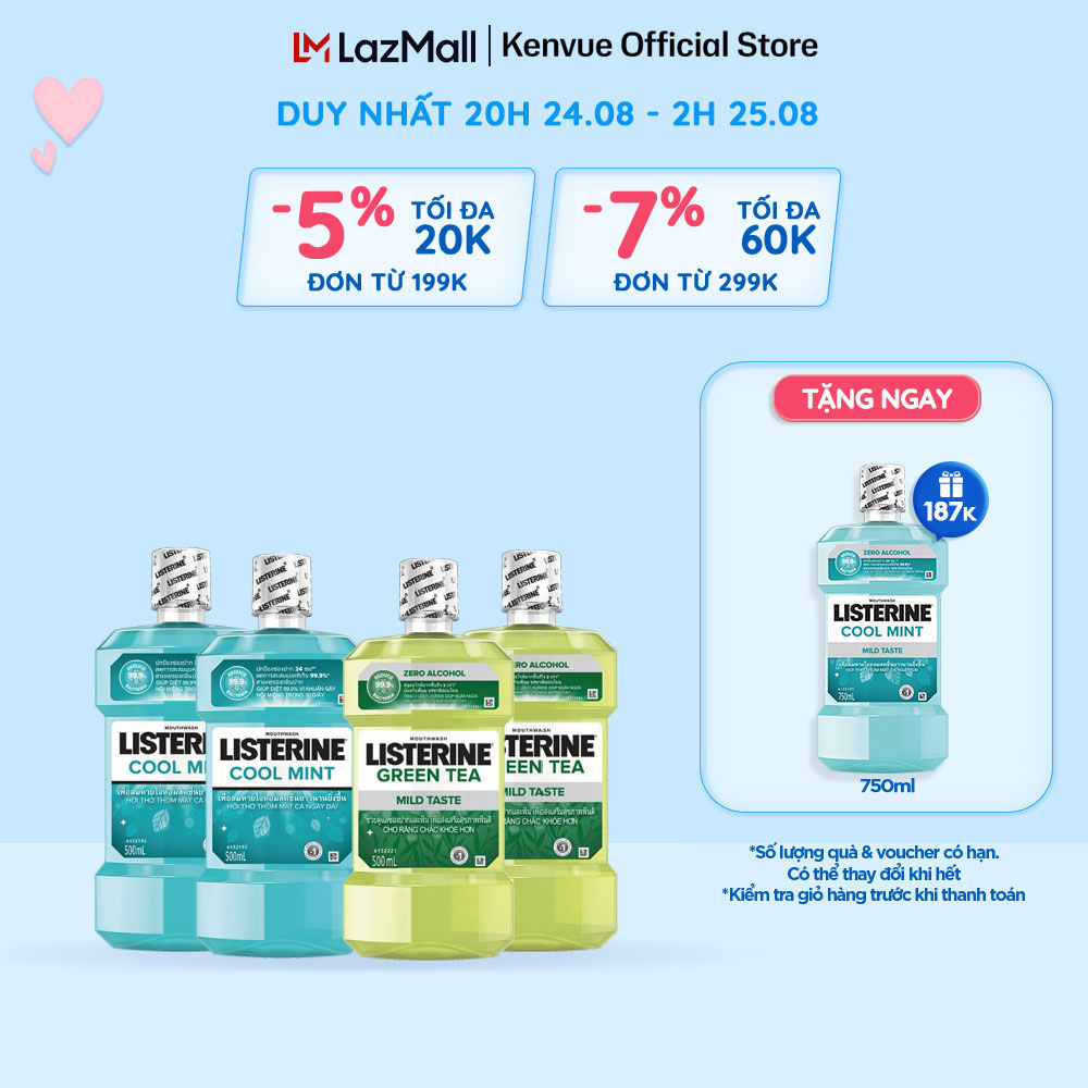 Bộ 2 nước súc miệng listerine ngừa sâu răng green tea 500ml + 2 nước súc miệng diệt khuẩn listerine cool mint 500ml
