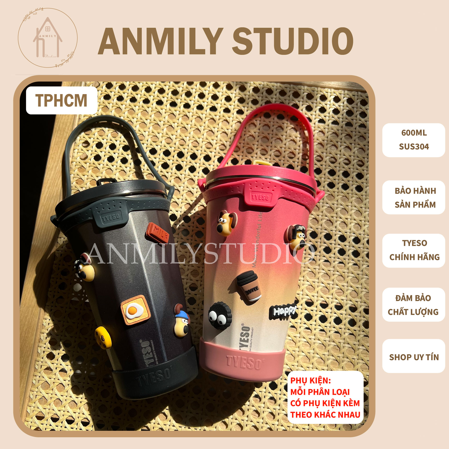 Ly giữ nhiệt tyeso chính hãng 600ml anmily cup cao cấp, vật liệu sus304, có ống hút kèm theo|ts-8848a-8848b
