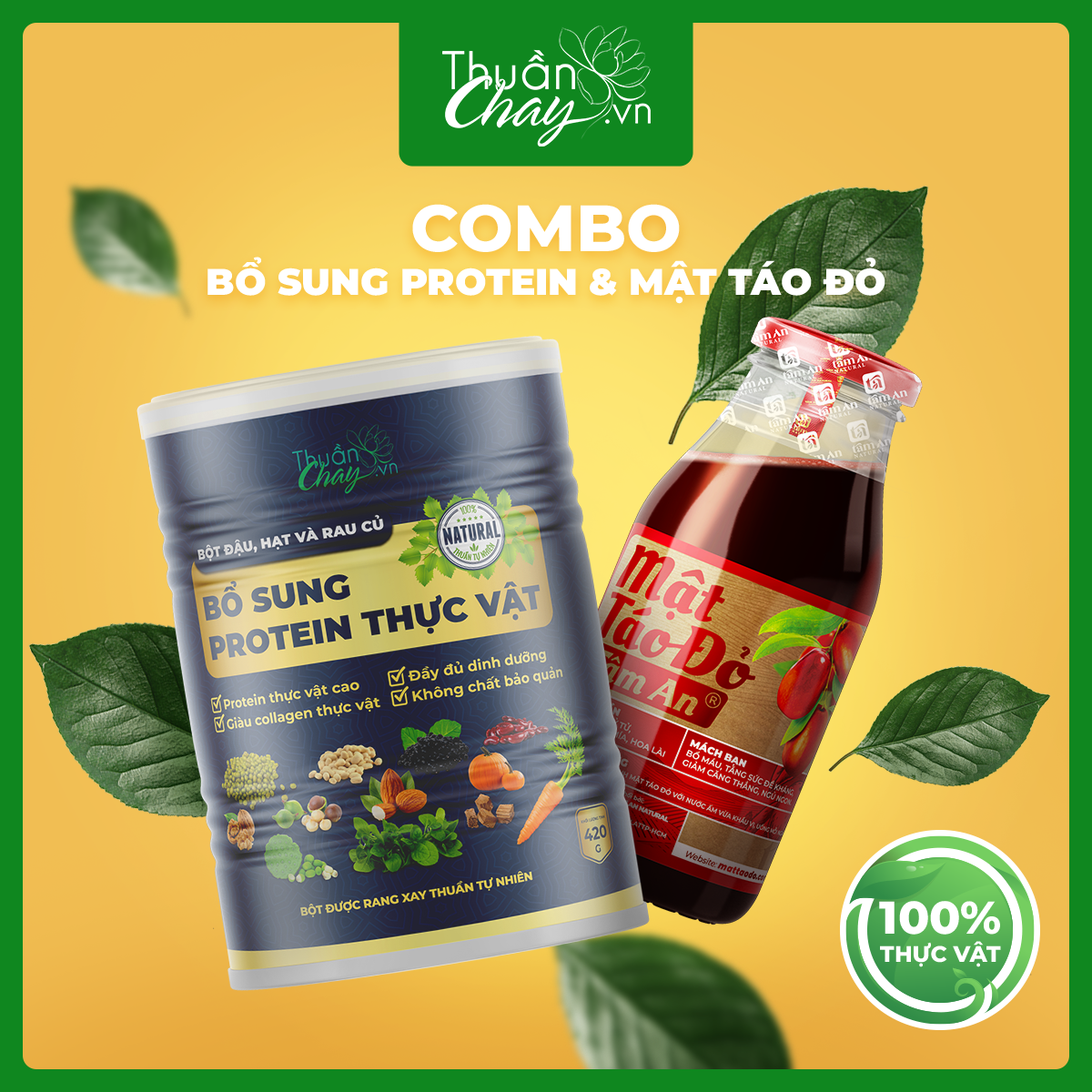 Combo bổ sung protein thực vật 420g & mật táo đỏ tâm an 250ml - bột ngũ cốc đậu hạt rau củ