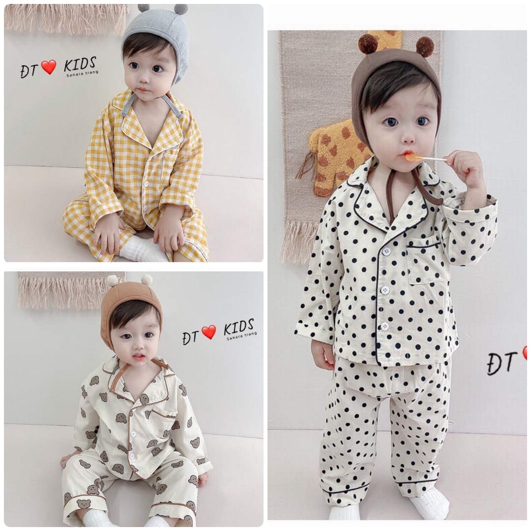 Bộ pijama dài tay đũi sốp thoáng mát cho bé trai và bé gái size 8-19kg