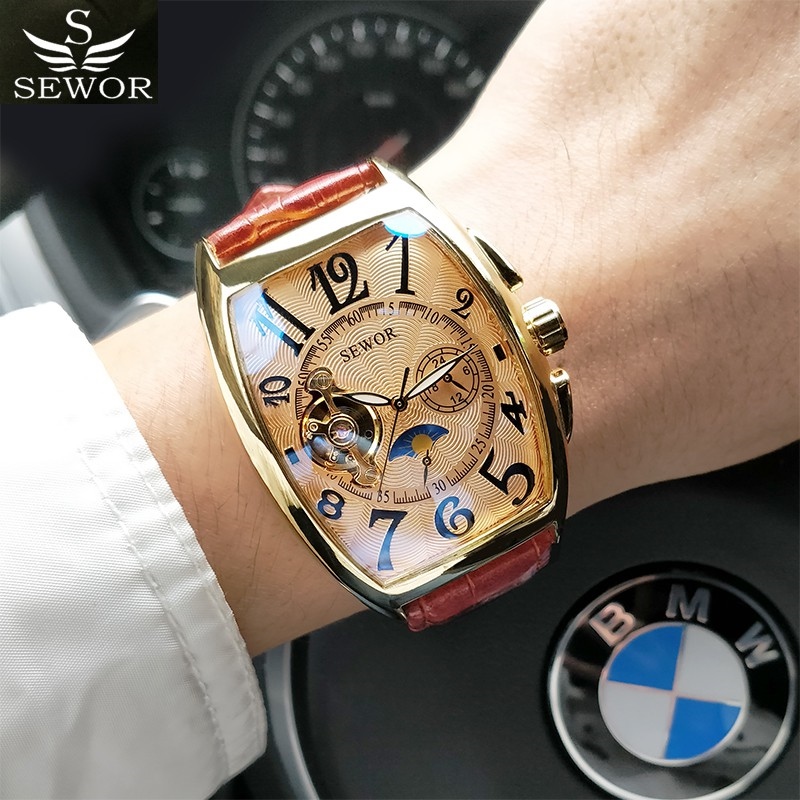 ♧ đồng hồ cơ nam automatic chính hãng sewor dây da thời trang mặt vuông sang trọng đẳng cấp đẹp giá rẻ