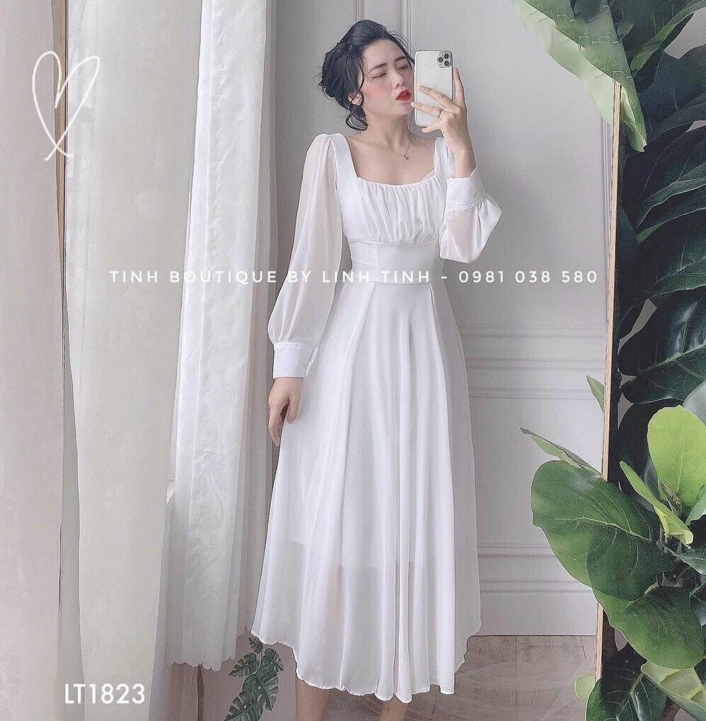Đầm váy nữ maxi voan nhún ngực cổ vuông tay dài chất voan kèm lót thời trang kiểu cách đi chơi, đi dự tiệc d.one fashion, mẫu free size mặc vừa