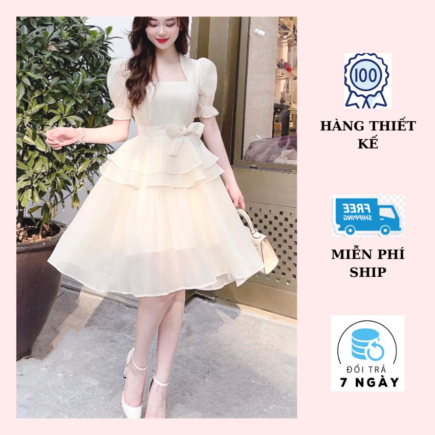 [Nhập RS0822 giảm 30k cho đơn 99k] Đầm dự tiệc màu kem thắt nơ HÀNG THIẾT KẾ, váy voan nữ - Váy xòe đi đám cưới đi tiệc đi làm cực sang vải voan mát