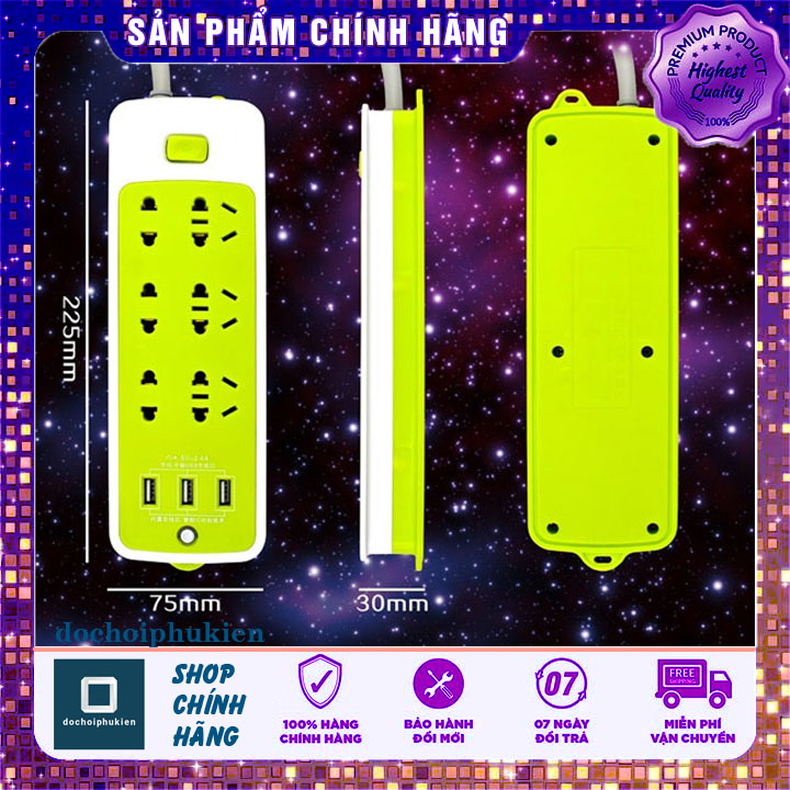 ổ cắm điện xanh lá có lỗ 3 chấu đa năng có 3 cổng usb sạc điên thoại - có công tắt bật/tắt an toàn