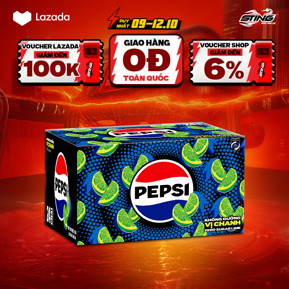 [SALE 10.10-VC ĐẾN 12%] Thùng 24 Chai Nước Ngọt Giải Khát Có Gaz Pepsi Vị Chanh Không Calo, Không Đường (390ml /chai)