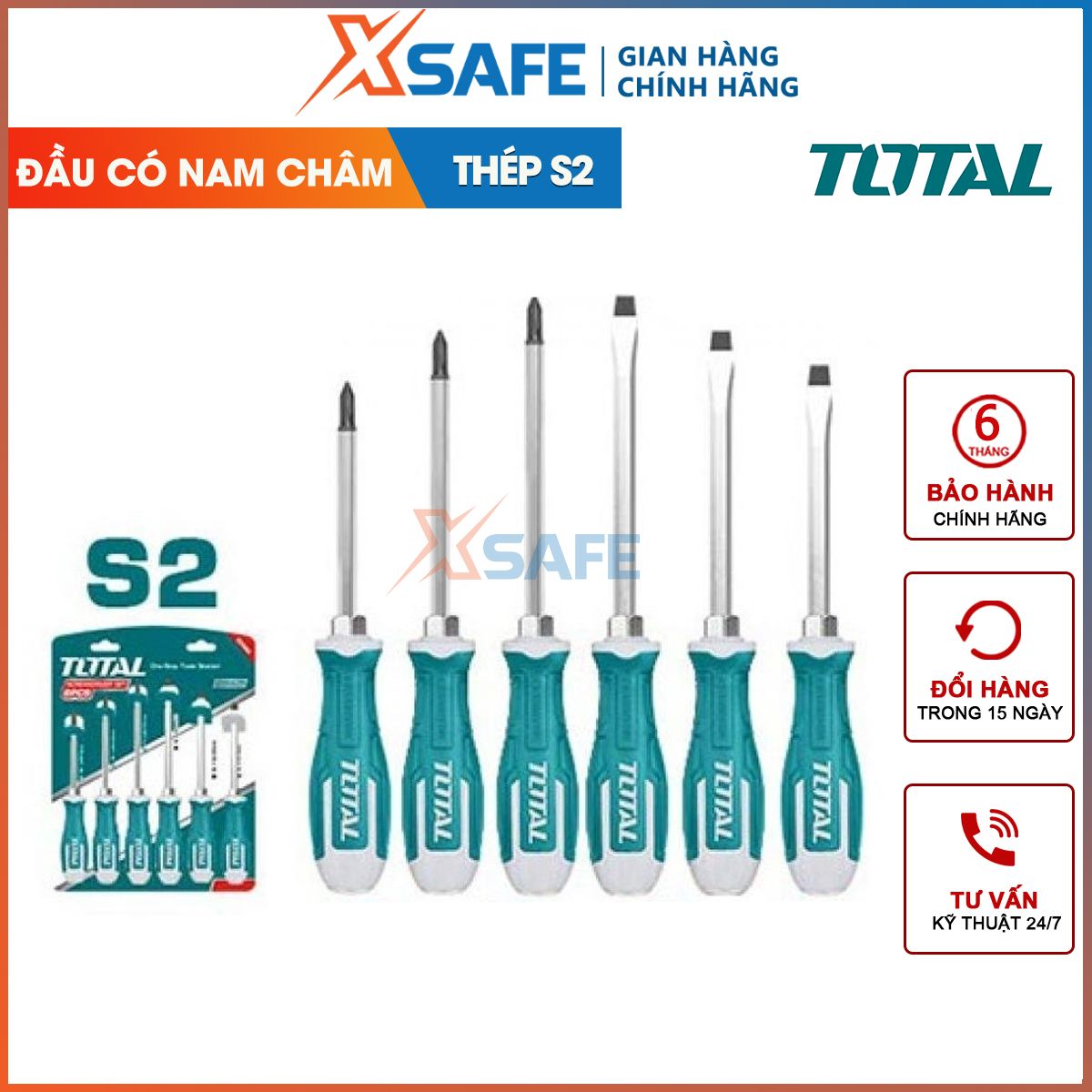 Bộ 6 tua vít đóng xuyên total thgss2606 thép công nghiệp s2 cứng chắc, đầu bake và dẹp 100-200 - chính hãng - xsafe