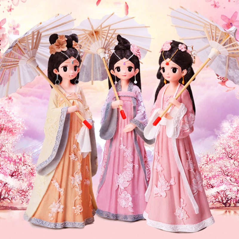 Tượng chibi thiếu nữ cổ trang che ô 3D sinh động 25cm
