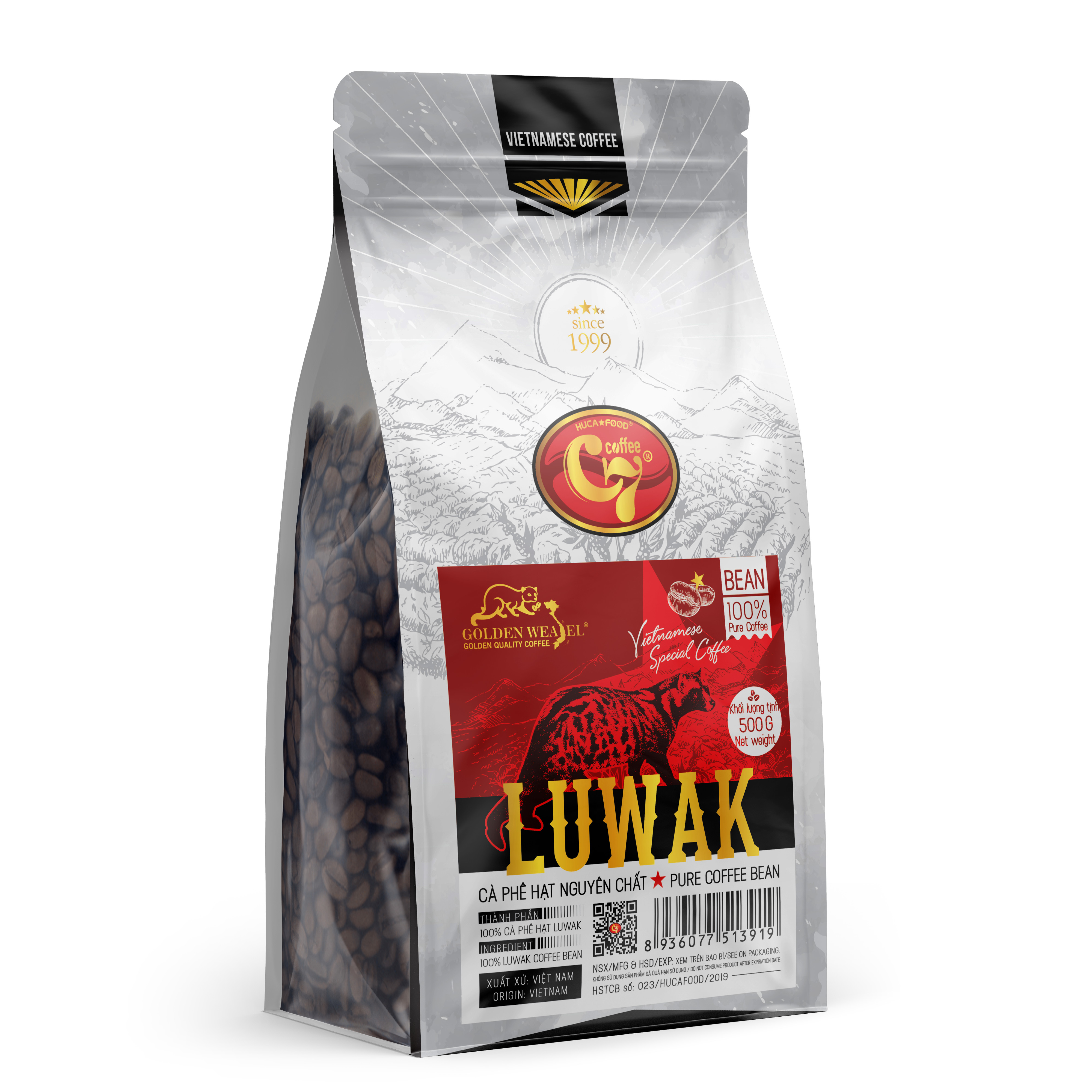 Cà phê hạt luwak rang mộc 100% con chồn vàng túi 500gr - huca food
