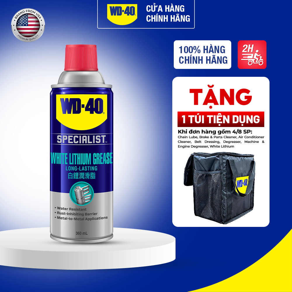 Chai Xịt Dầu Bôi Trơn WD40 White Lithium Tác Dụng Cao Chống Rỉ Sét Máy Móc Hạng Nặng Chính Hãng 360ml
