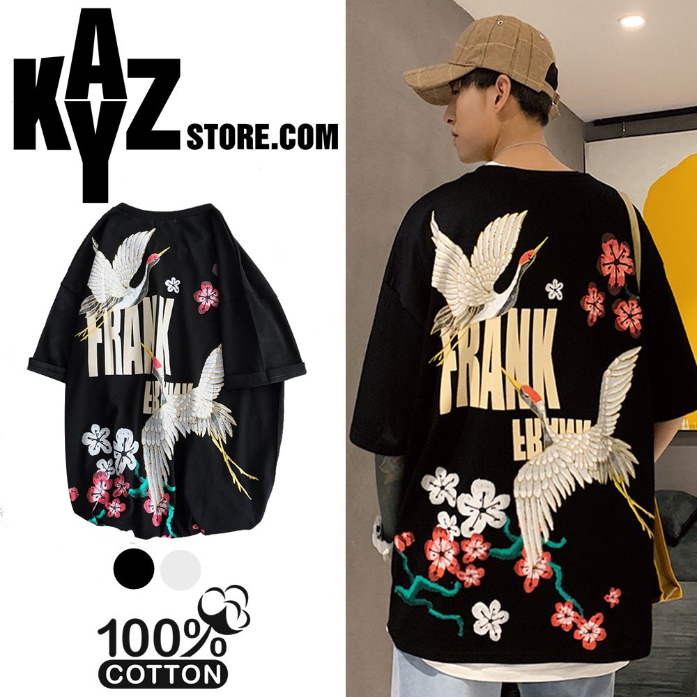 Áo thun thái lan tay lỡ unisex hạc anh đào đen