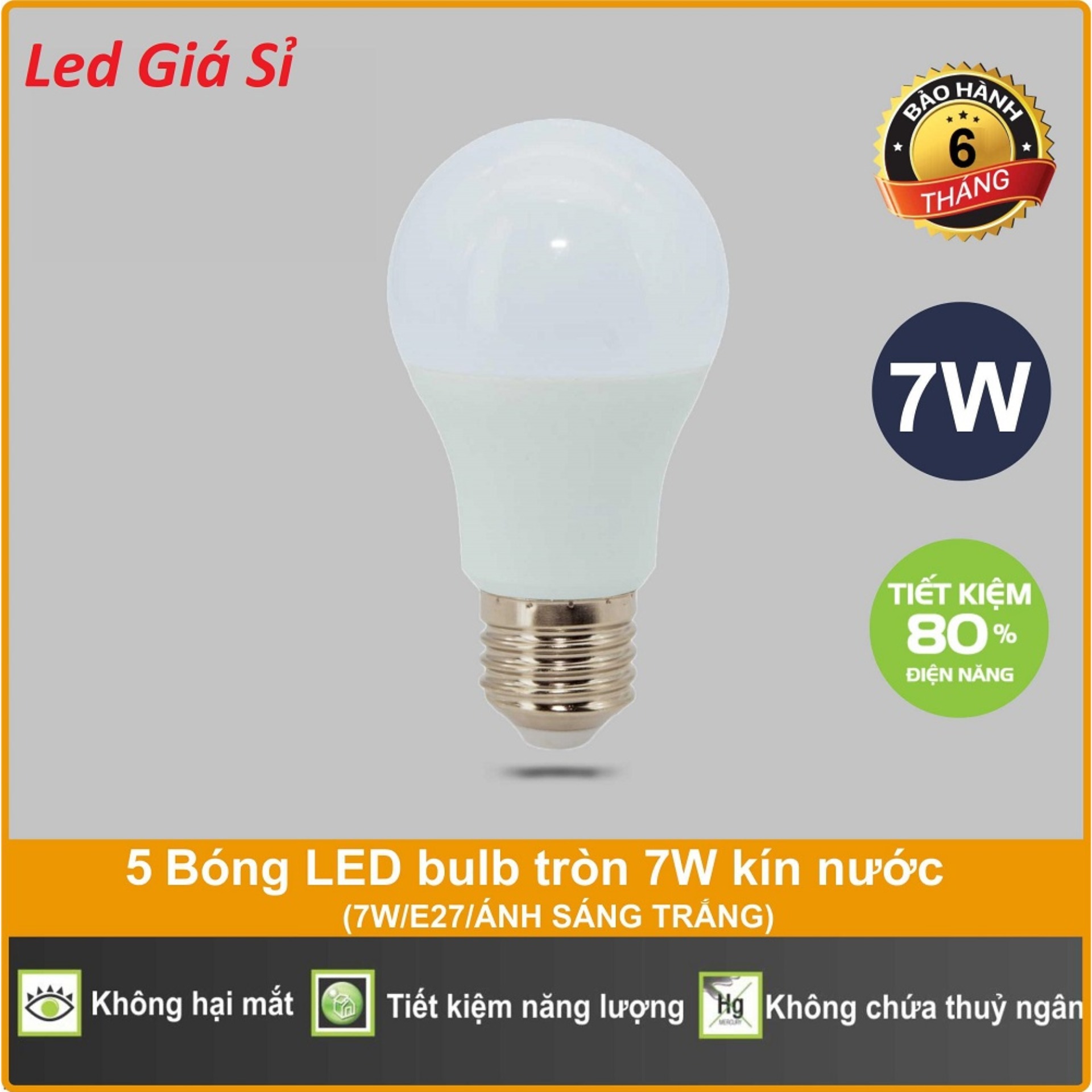 Bộ 5 bóng đèn LED tròn siêu tiết kiệm điện 7W (ánh sáng trắng)