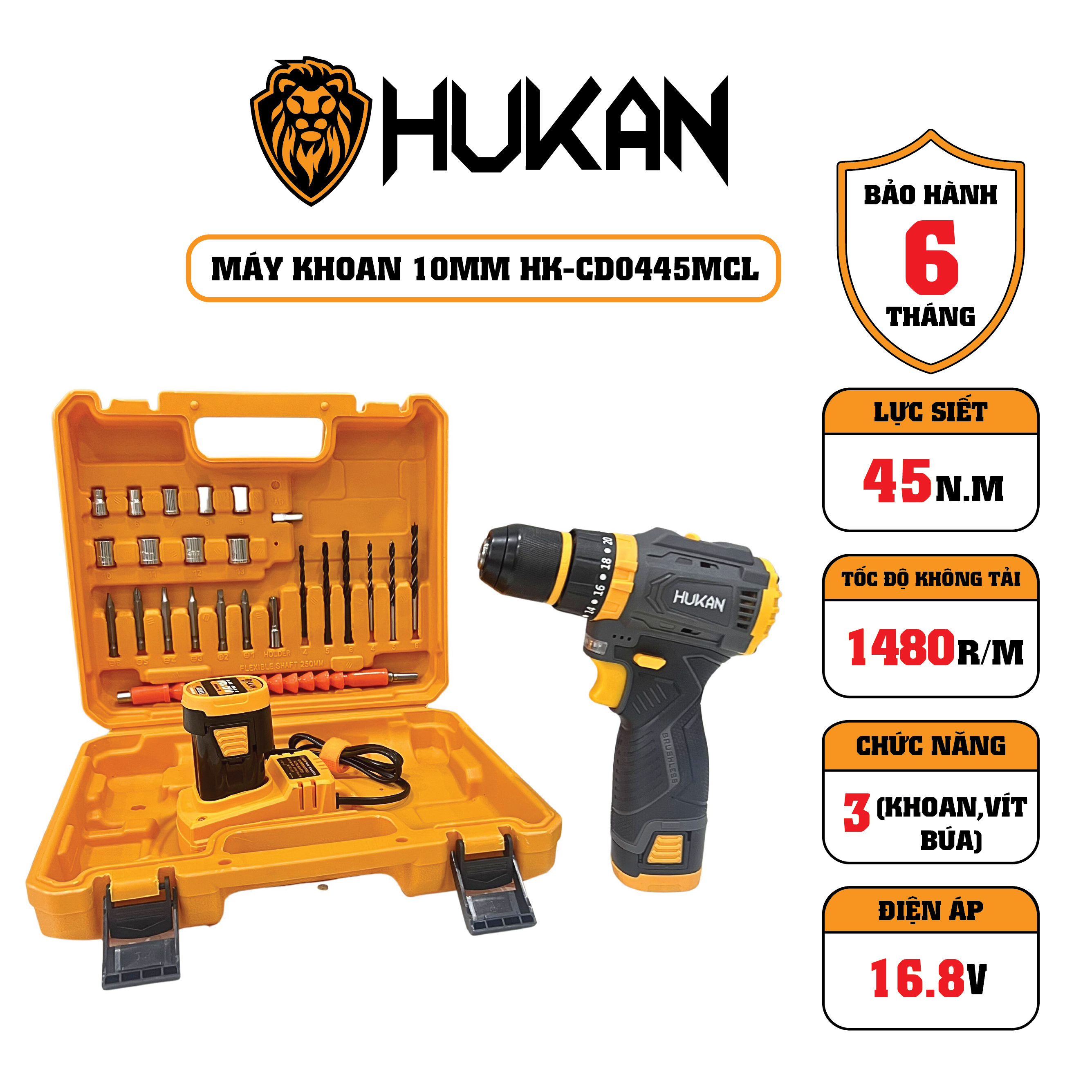 Hukan máy khoan pin 10mm hk-cd0445mcl lực siết 45nm 3 chức năng động cơ không thổi than