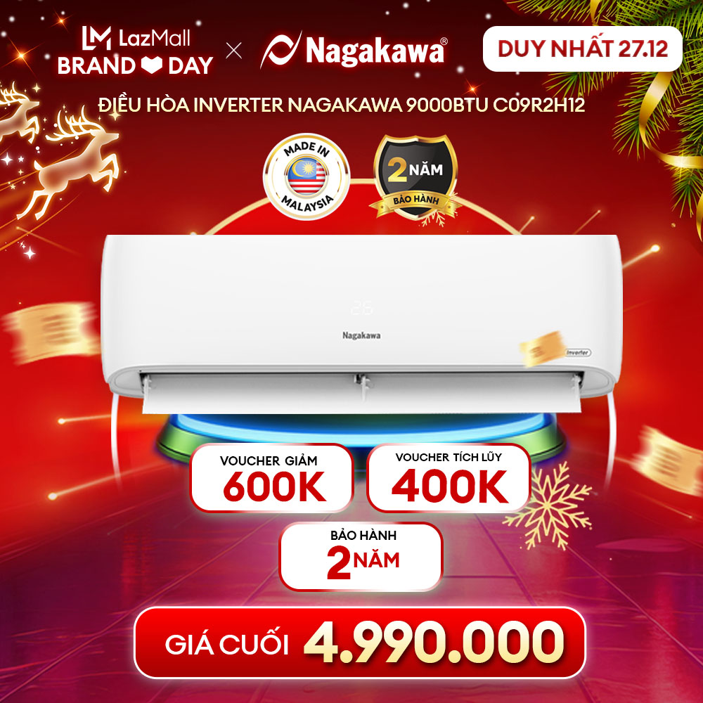 Điều hòa/ Máy lạnh Nagakawa 1 chiều inverter 9000BTU/H NISC09R2H12 màng lọc 5 trong 1 làm lạnh nhanh cảm biến nhiệt tự động tự làm sạch made in Malaysia bảo hành 2 năm