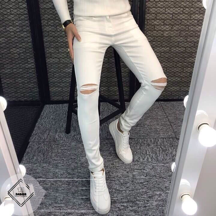 [HCM]Quần Jean Nam Quần Bò Nam Màu Trắng Rách Gối Cá Tính Chất Jean Co Dãn Thoải Mái Vận Động (Có Ảnh Thật)