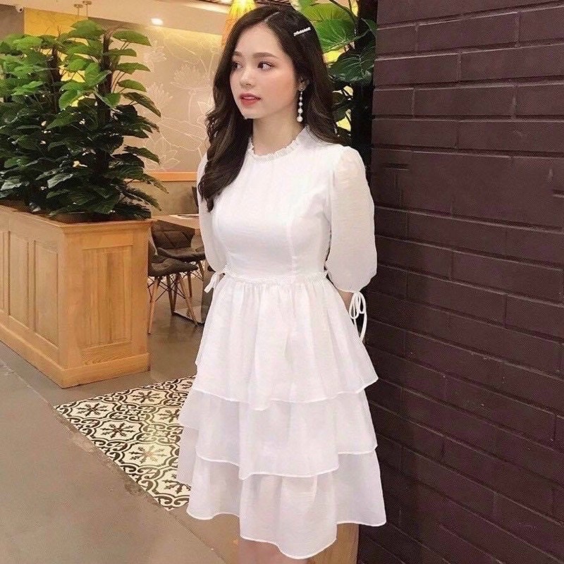 Đầm váy nữ dự tiệc cổ tròn tùng ba tầng thắt nơ tay sang trọng , váy dự đám cưới đẹp form ngắn cực dễ thương 2022 màu trắng đỏ - dx250