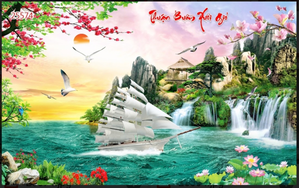 Tranh dán tường 3D thuận buồm xuôi gió in Vải Lụa rẻ đẹp