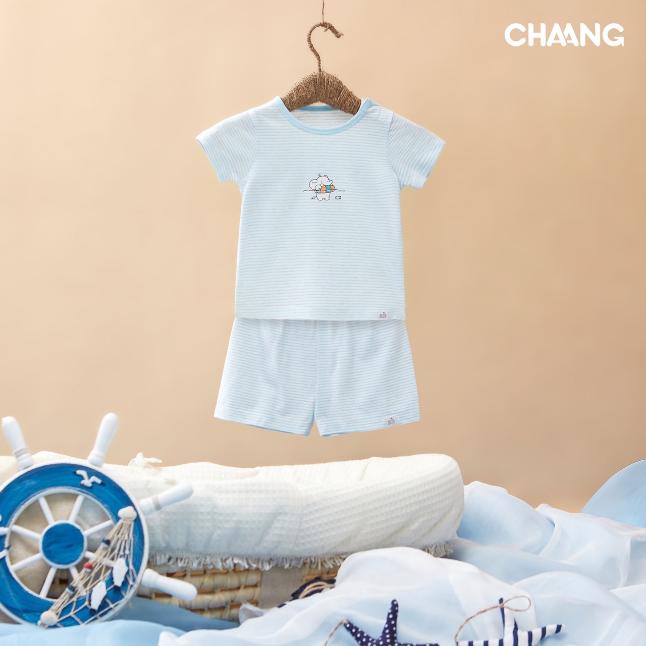 Bộ quần áo cộc tay kẻ xanh cho bé - CHAANG