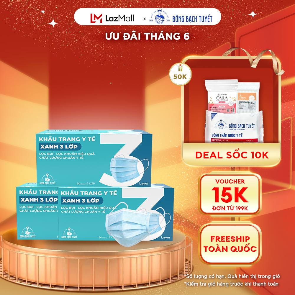 Combo 3 Hộp Khẩu trang Bông Bạch Tuyết 3 lớp xanh