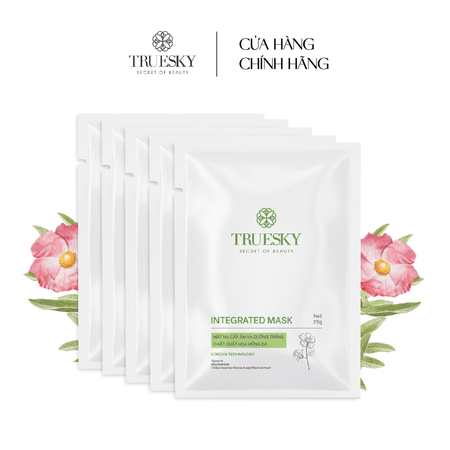 Combo 5 miếng mặt nạ dưỡng trắng da Truesky Integrated Mask chiết xuất hoa hồng đá 25g/miếng