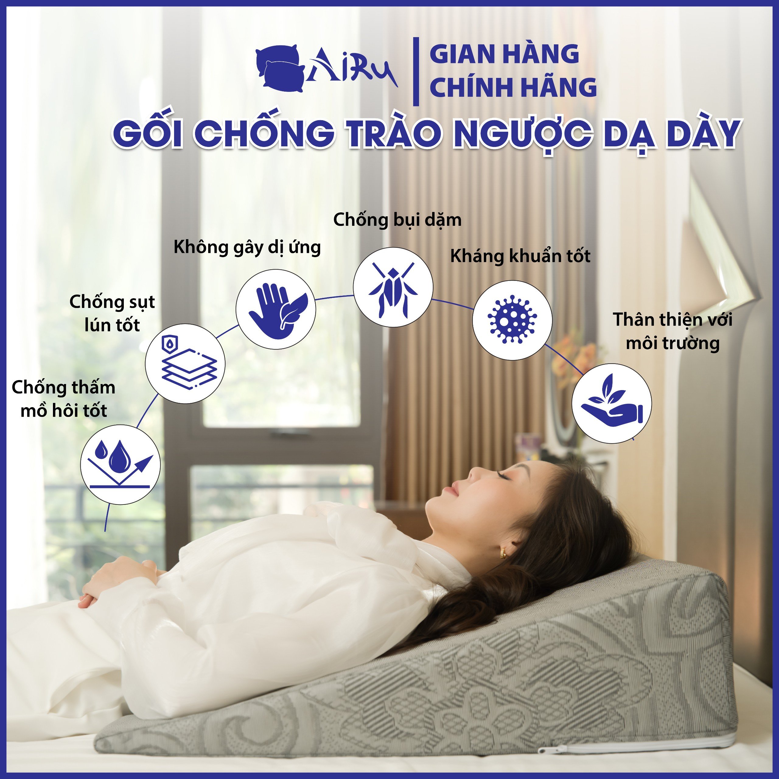 Gối chống trào ngược dạ dày người lớn AIRU- Kích thước 65*60*16cm- Chống trào ngược acid, ơ hơi, ợ chua, ngáy, các triệu chứng viêm họng mãn tính