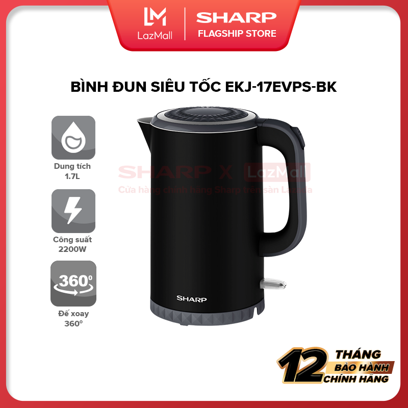 Bình đun siêu tốc Sharp 1.7 lít EKJ-17EVPS-PK/RD [công suất 1850-2200W nắp bật lò xo vạch báo mực nước ở 1 bên chế độ an toàn tự tắt khi sôi đế xoay 360 độ]