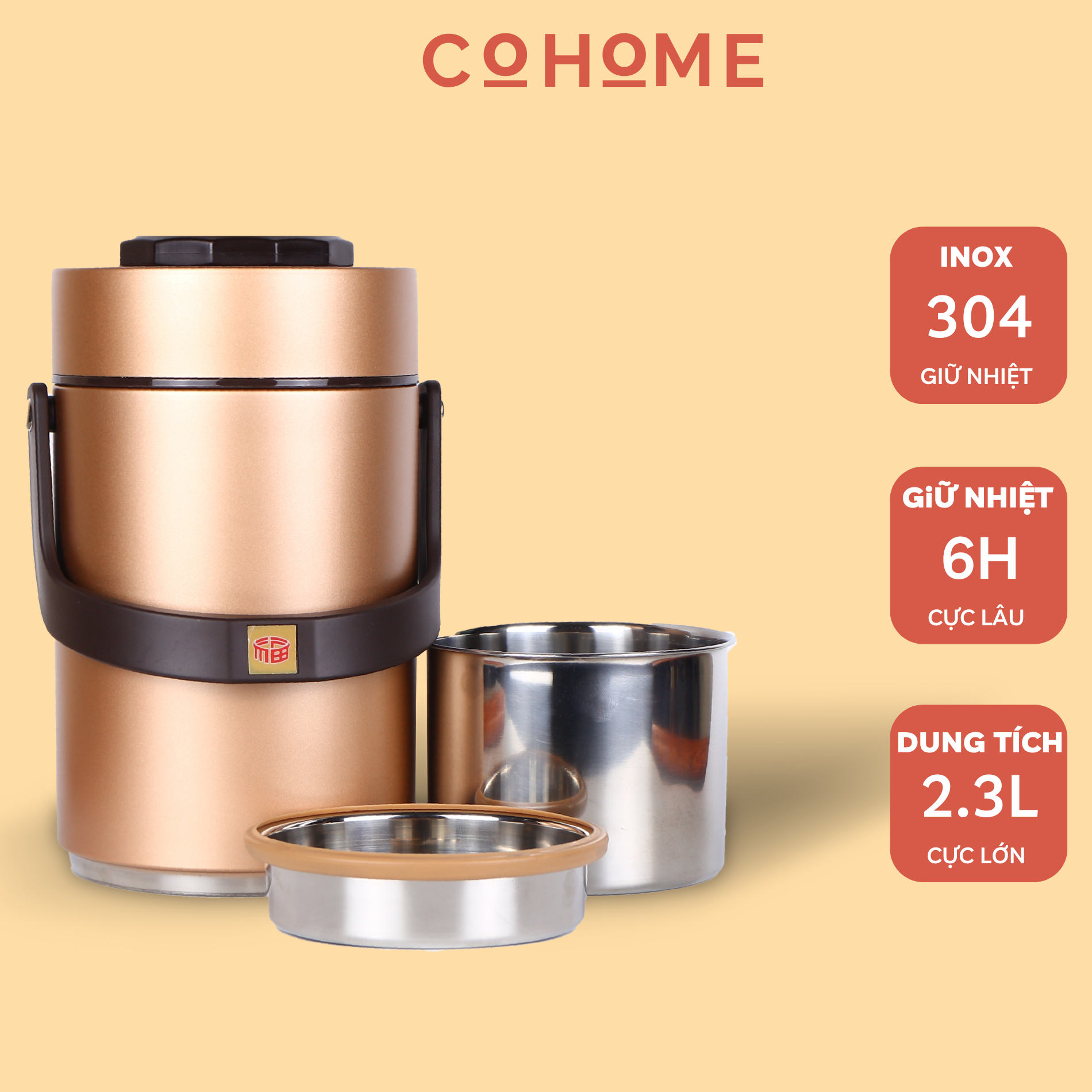 Hộp đựng cơm giữ nhiệt 3 tầng 2 ngăn, Cặp lồng ủ nóng dung tích 2,3L, lõi inox cao cấp giữ nhiệt 8H